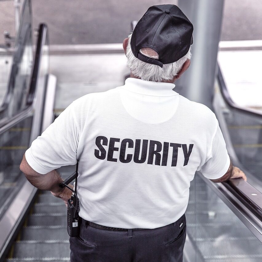 security, man, escalator